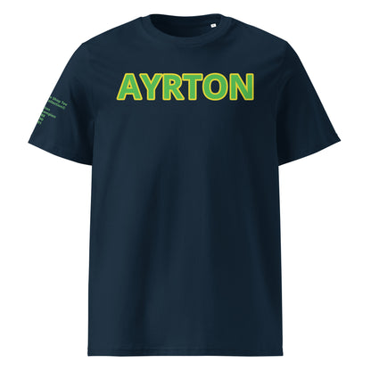Front view of the Ayrton Senna Navy T-Shirt, featuring a striking design inspired by Ayrton Senna’s iconic career.
