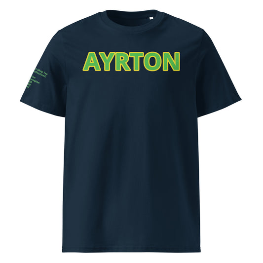 Front view of the Ayrton Senna Navy T-Shirt, featuring a striking design inspired by Ayrton Senna’s iconic career.