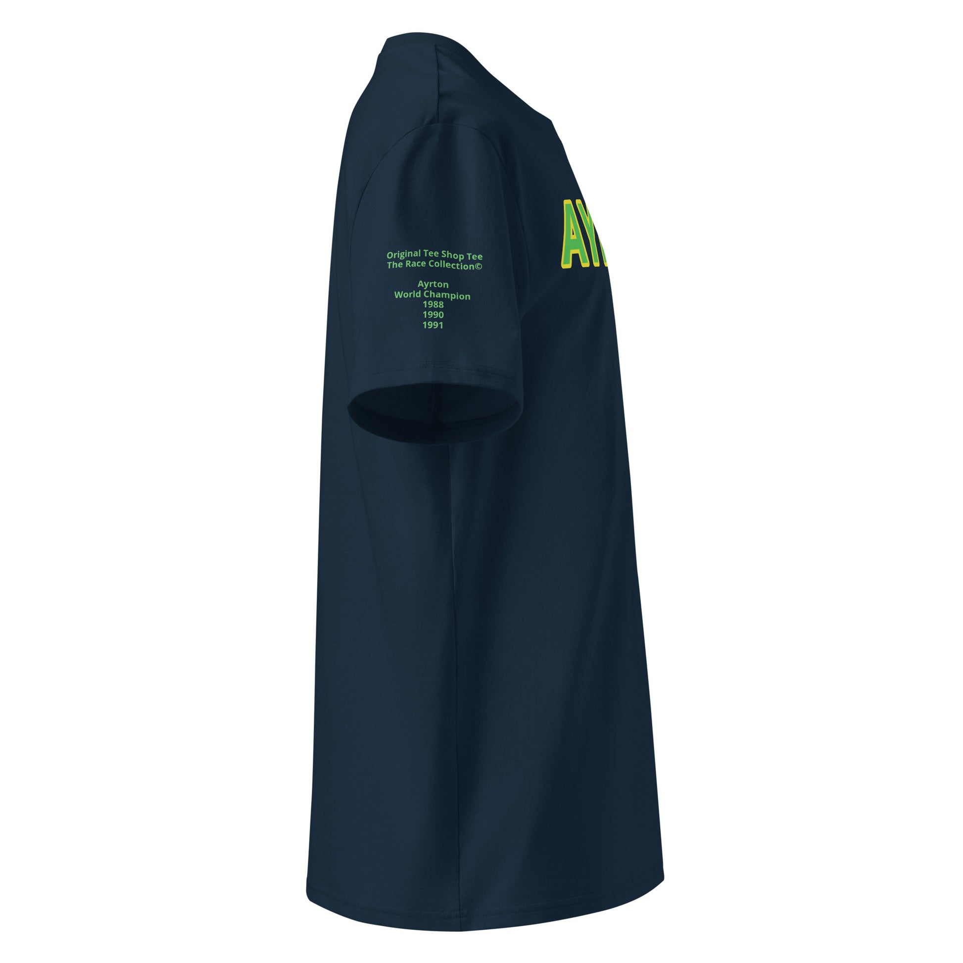 Right-side view of the Ayrton Senna Navy T-Shirt, showcasing its comfortable fit and sleek motorsport details.