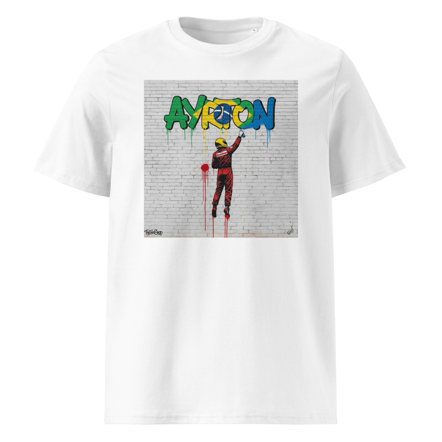 Ayrton Senna street art graffiti t-shirt in Brazilian flag colours, unisex organic cotton motorsport tee