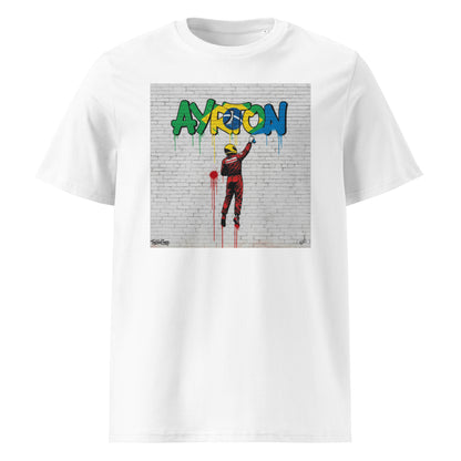Ayrton Senna street art graffiti t-shirt in Brazilian flag colours, unisex organic cotton motorsport tee