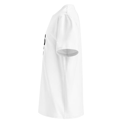Left side view of white unisex t-shirt with plain sleeve and visible side of the black “BERNIE COLLINS KNOWS HER SH*T” chest slogan. Minimalist, motorsport fan style.