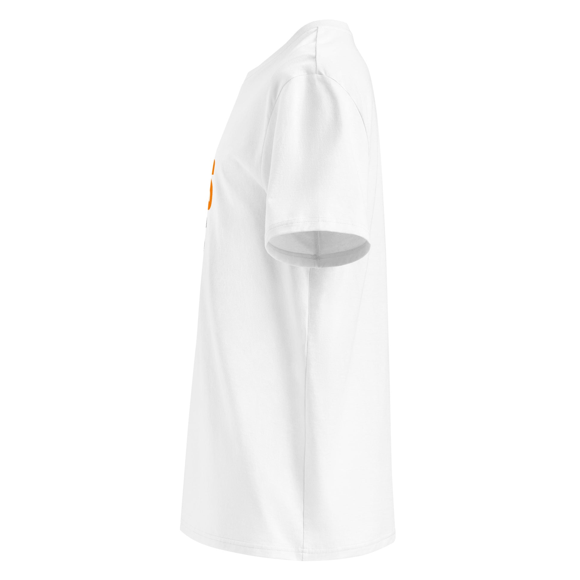 Left side view of white unisex t-shirt, plain sleeve, visible side of the papaya and black “BERNIE COLLINS KNOWS HER SH*T” front slogan. Minimalist, F1 and McLaren fan style.
