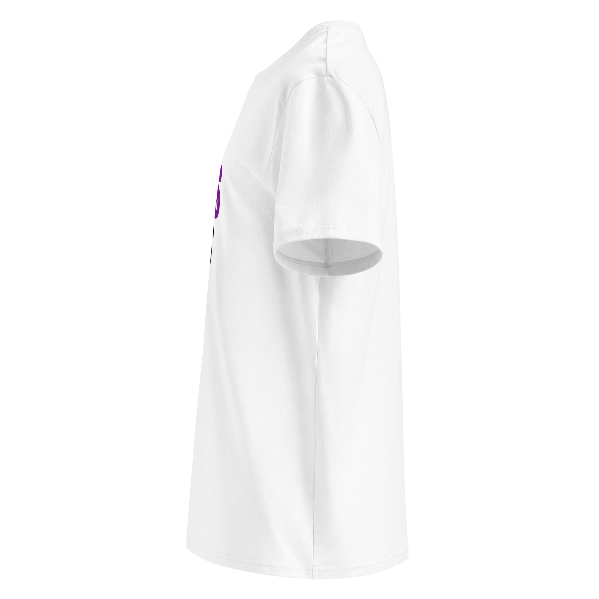 Left side view of white unisex t-shirt, plain sleeve, visible side of the purple and black “BERNIE COLLINS KNOWS HER SH*T” front slogan. Minimalist, F1 and purple sector fan style.