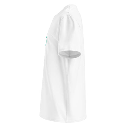 Left side view of white unisex t-shirt, plain sleeve, visible side of the teal and black “BERNIE COLLINS KNOWS HER SH*T” front slogan. Minimalist, F1 fan style.
