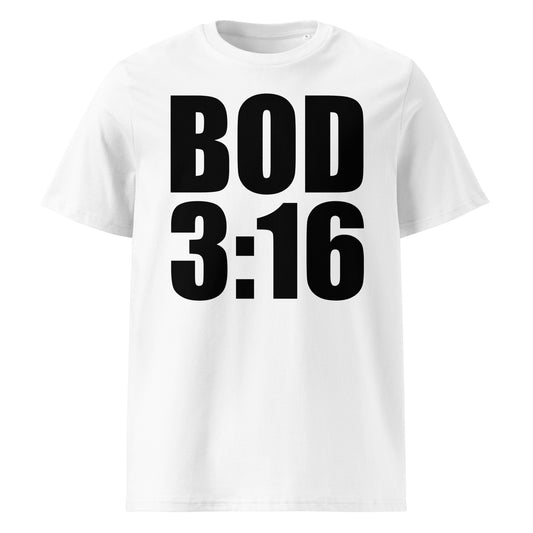 Front view of the BOD 3:16 t-shirt featuring bold black lettering on a crisp white background. A playful homage to Irish rugby icon Brian O’Driscoll, this design is a must-have for Leinster fans and rugby lovers alike.