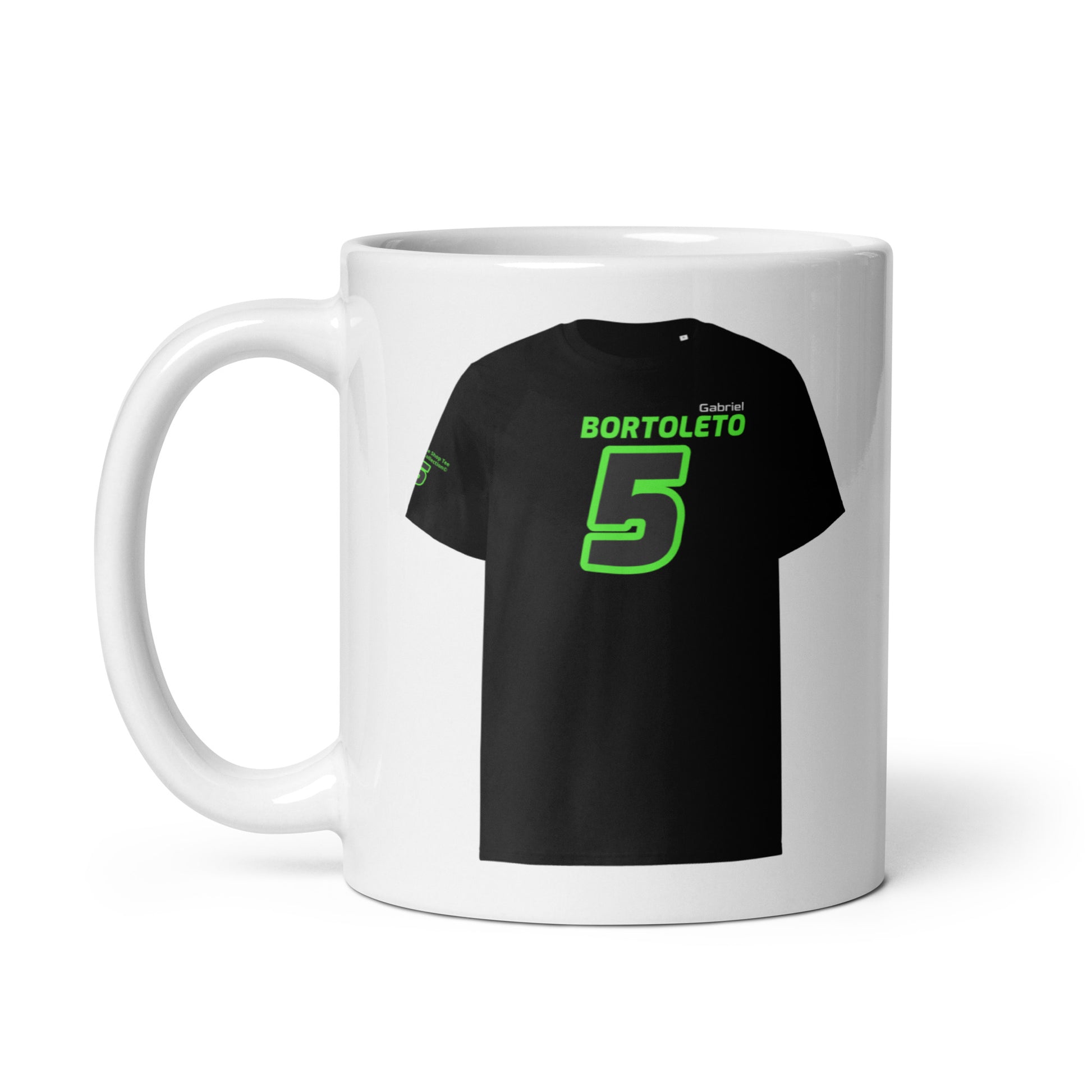 Get a closer look at the left handle view of our BORTOLETO Number 5 Ceramic Mug. This angle showcases the ergonomic handle designed for comfortable grip while highlighting the vibrant design on the front.