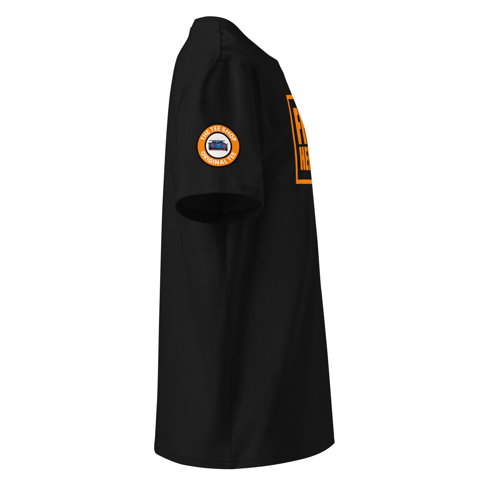 Right side view of black t-shirt with The Tee Shop logo patch on the sleeve and edge of the distressed orange Franz Hermann box logo. DTF print, Dutch F1 style.