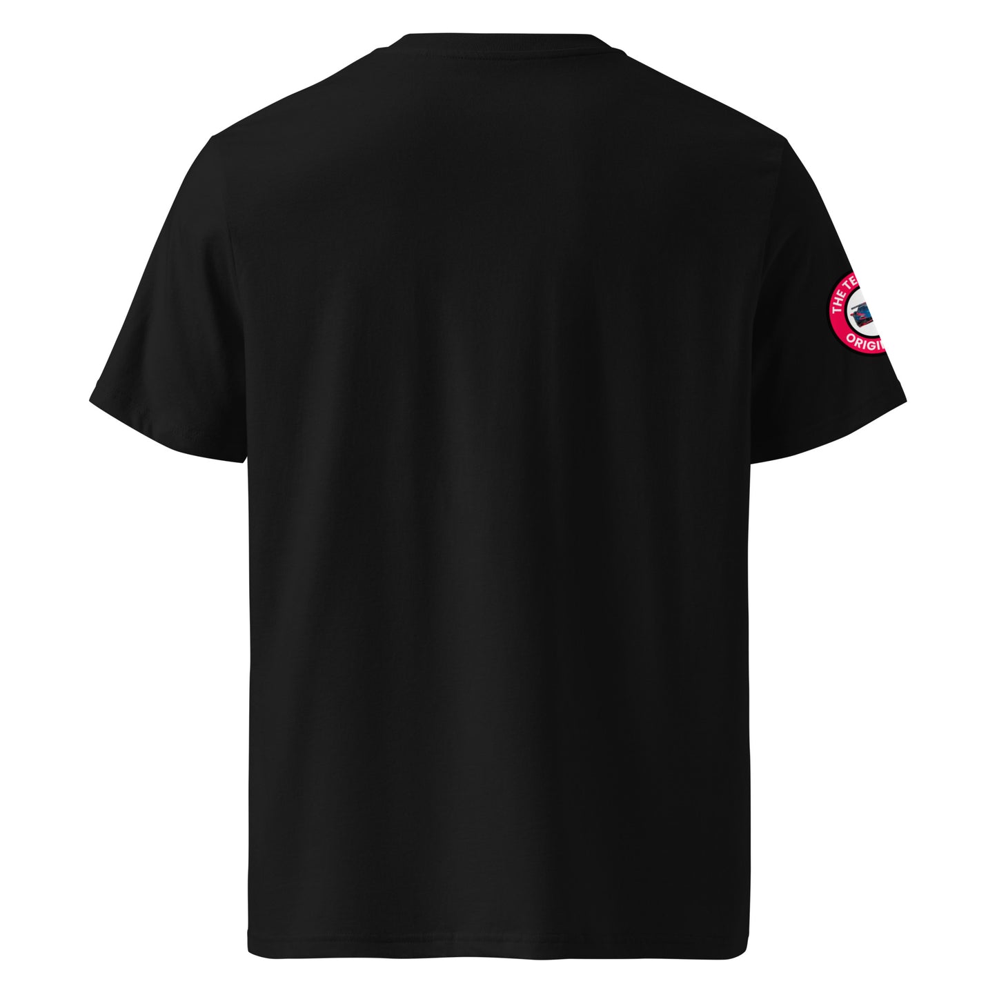 Back view of black unisex t-shirt with plain design. No rear print, minimalist motorsport look. DTF print, premium cotton.