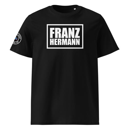 Front view of black unisex t-shirt with bold white “Franz Hermann” box logo printed on the chest. DTF print, inspired by Max Verstappen’s Nürburgring GT3 radio moment. Clean, professional motorsport style.
