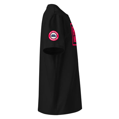 Right side view of black t-shirt with The Tee Shop logo patch on the sleeve and edge of the Red Bull Racing pink Franz Hermann box logo. DTF print, F1-inspired style.