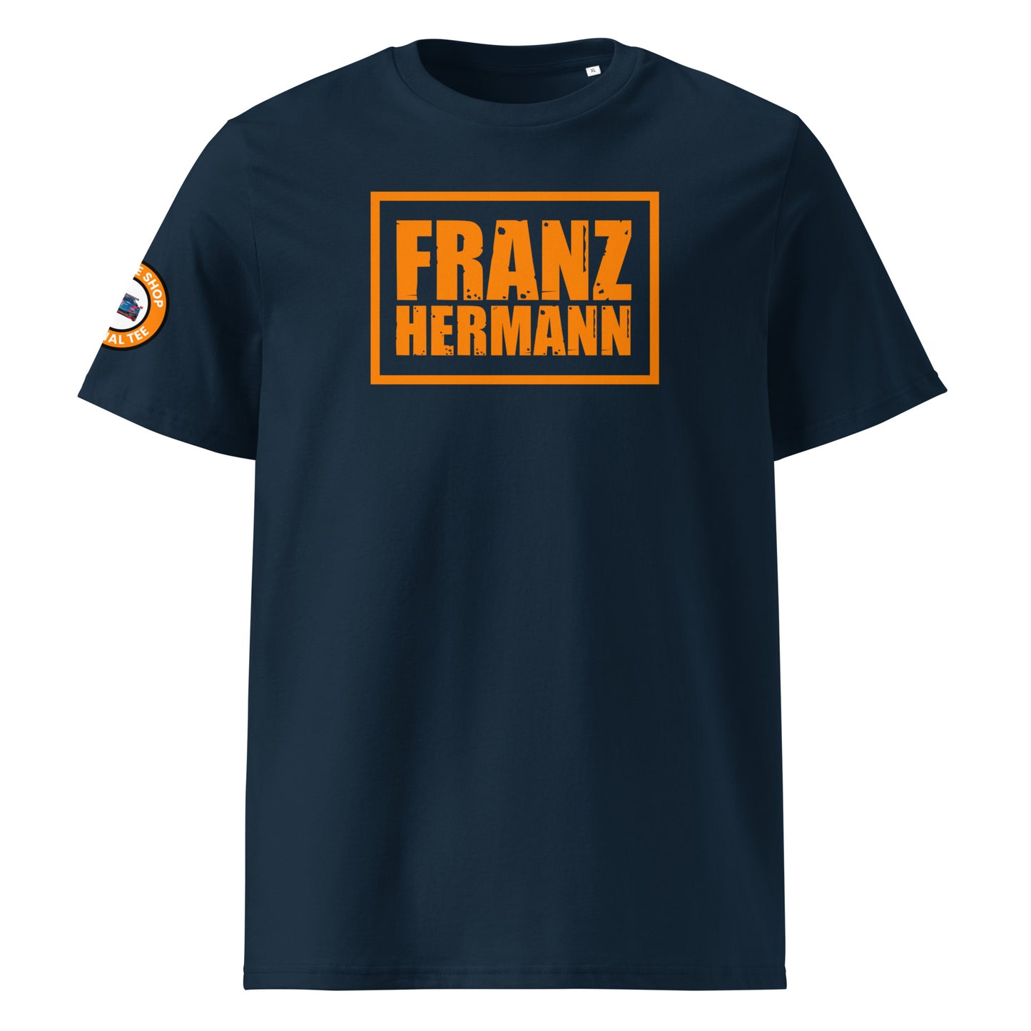 Front view of French navy unisex t-shirt with a bold, distressed orange “Franz Hermann” box logo printed on the chest. DTF print, Dutch-inspired, motorsport style for F1 fans.

