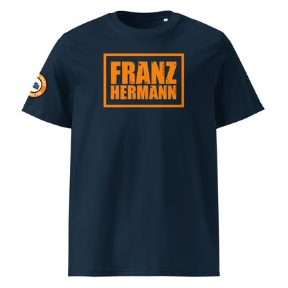 Front view of French navy unisex t-shirt with a bold, distressed orange “Franz Hermann” box logo printed on the chest. DTF print, Dutch-inspired, motorsport style for F1 fans.
