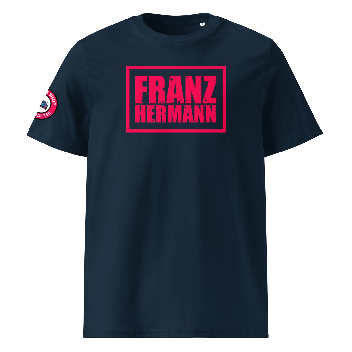 Front view of French navy unisex t-shirt with bold, distressed Red Bull Racing pink “Franz Hermann” box logo printed on the chest. DTF print, Verstappen-inspired, race-worn F1 style.
