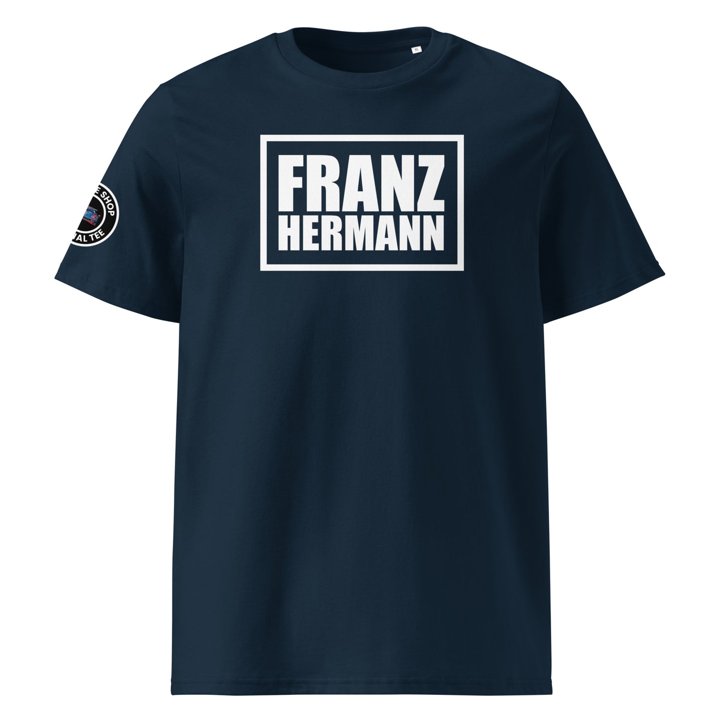 Front view of French navy unisex t-shirt with bold white “Franz Hermann” box logo printed on the chest. DTF print, inspired by Max Verstappen’s Nürburgring GT3 radio moment. Sleek, professional motorsport style.