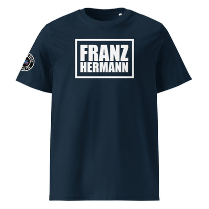 Front view of French navy unisex t-shirt with bold white “Franz Hermann” box logo printed on the chest. DTF print, inspired by Max Verstappen’s Nürburgring GT3 radio moment. Sleek, professional motorsport style.