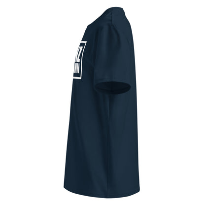 Left side view of French navy unisex t-shirt with plain sleeve and visible side of the white Franz Hermann box logo print. Minimalist, clean motorsport style.
