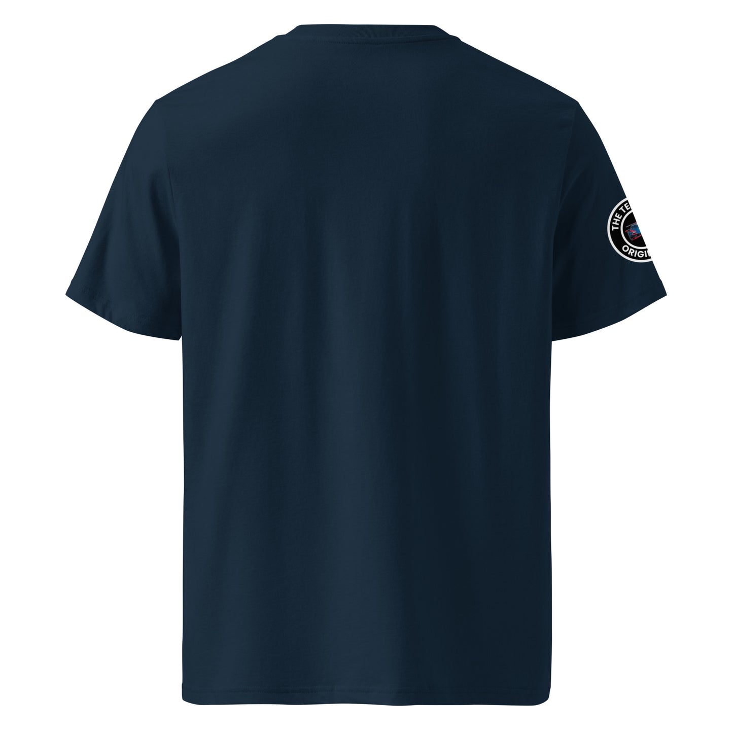 Back view of French navy unisex t-shirt with plain design. No print on the rear, highlighting the minimalist motorsport look. DTF print, premium cotton for race-day comfort.