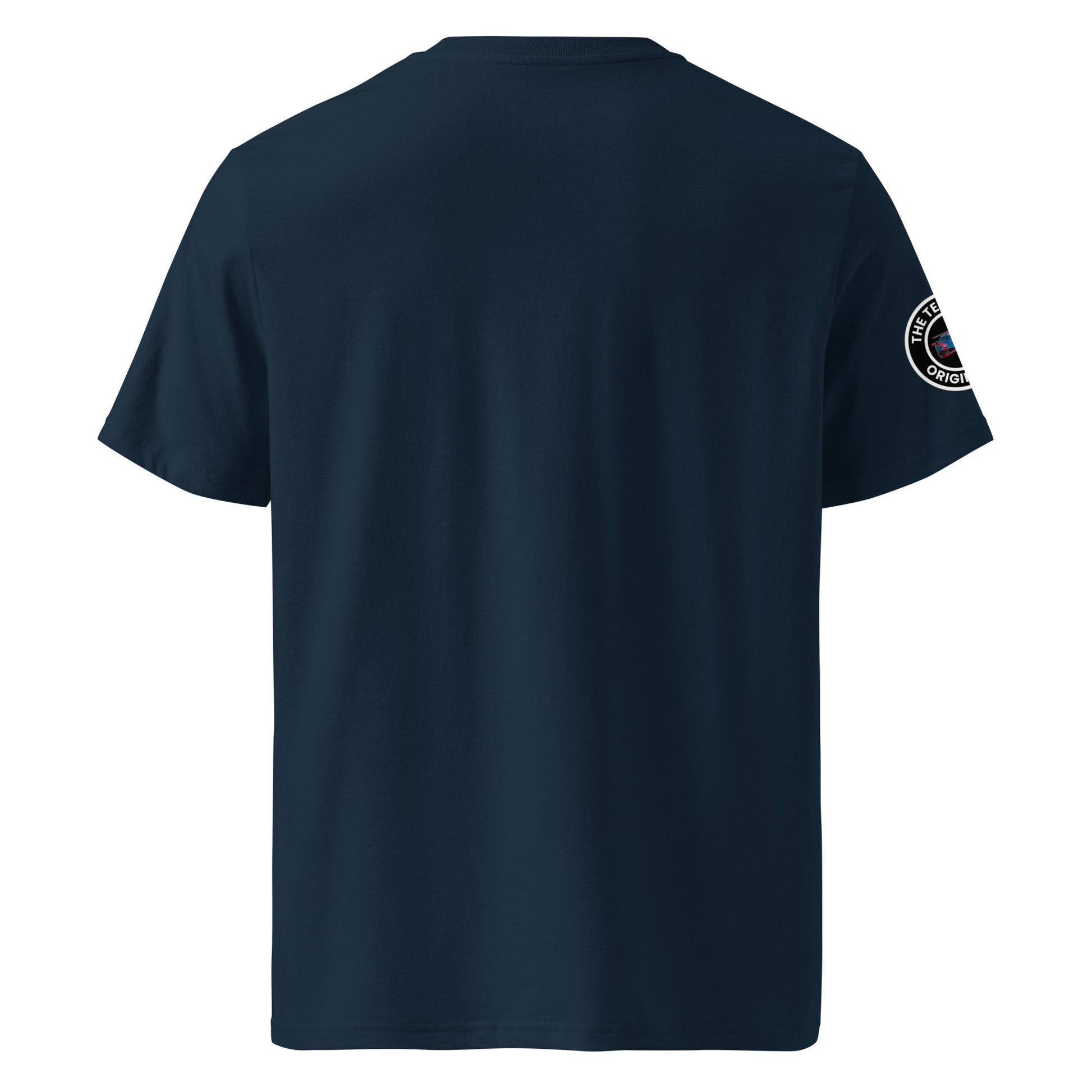 Back view of French navy unisex t-shirt with plain design. No print on the rear, highlighting the minimalist motorsport look. DTF print, premium cotton for race-day comfort.