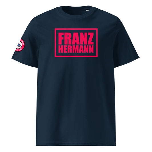 Front view of French navy unisex t-shirt with bold Red Bull Racing pink “Franz Hermann” box logo printed on the chest. DTF print, inspired by Verstappen’s Nürburgring GT3 moment. Sleek, F1 motorsport style.