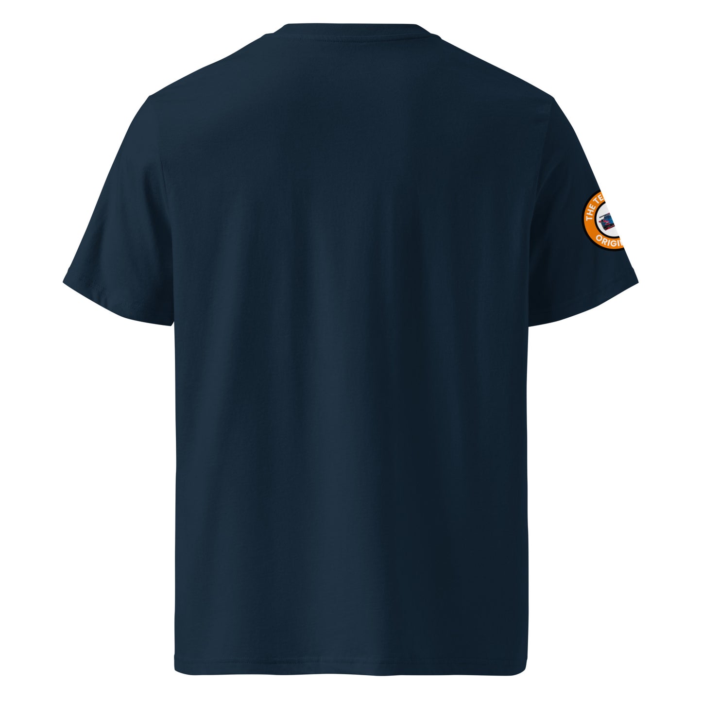 Back view of navy unisex t-shirt with plain design. No rear print, highlighting the minimalist motorsport look. DTF print, premium cotton.
