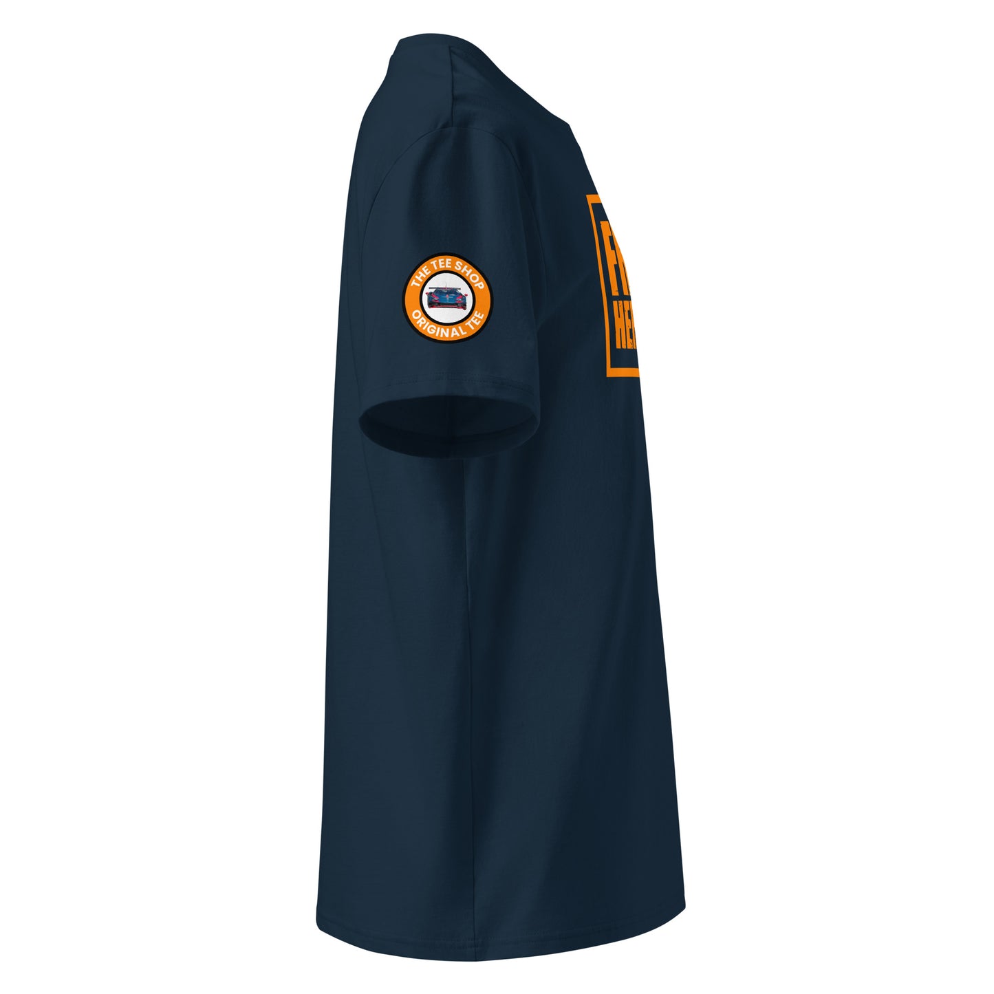 Right side view of navy t-shirt with The Tee Shop logo patch on the sleeve and edge of the distressed orange Franz Hermann box logo. DTF print, Dutch F1 style.