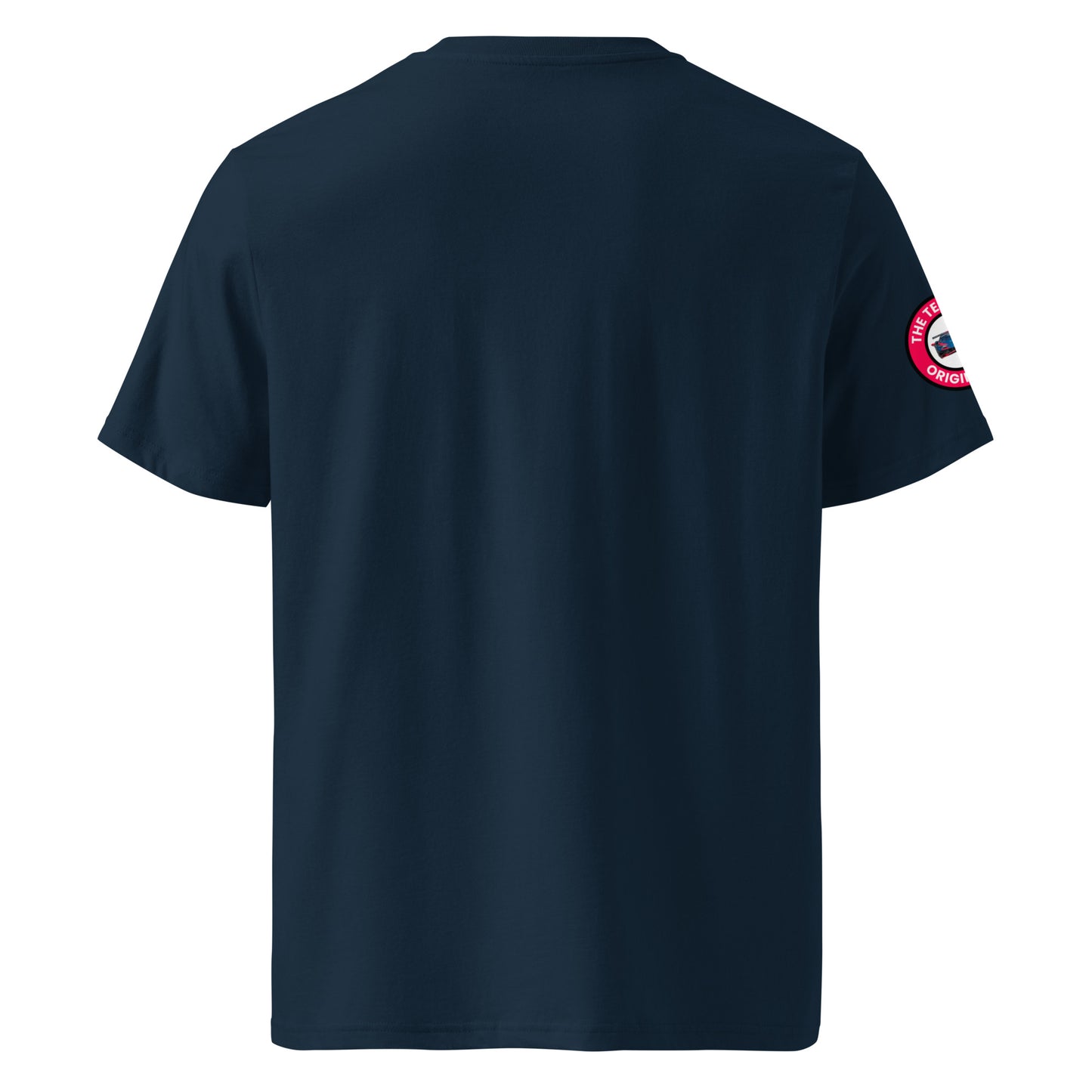 Back view of navy unisex t-shirt with plain design. No rear print, minimalist motorsport look. DTF print, premium cotton.