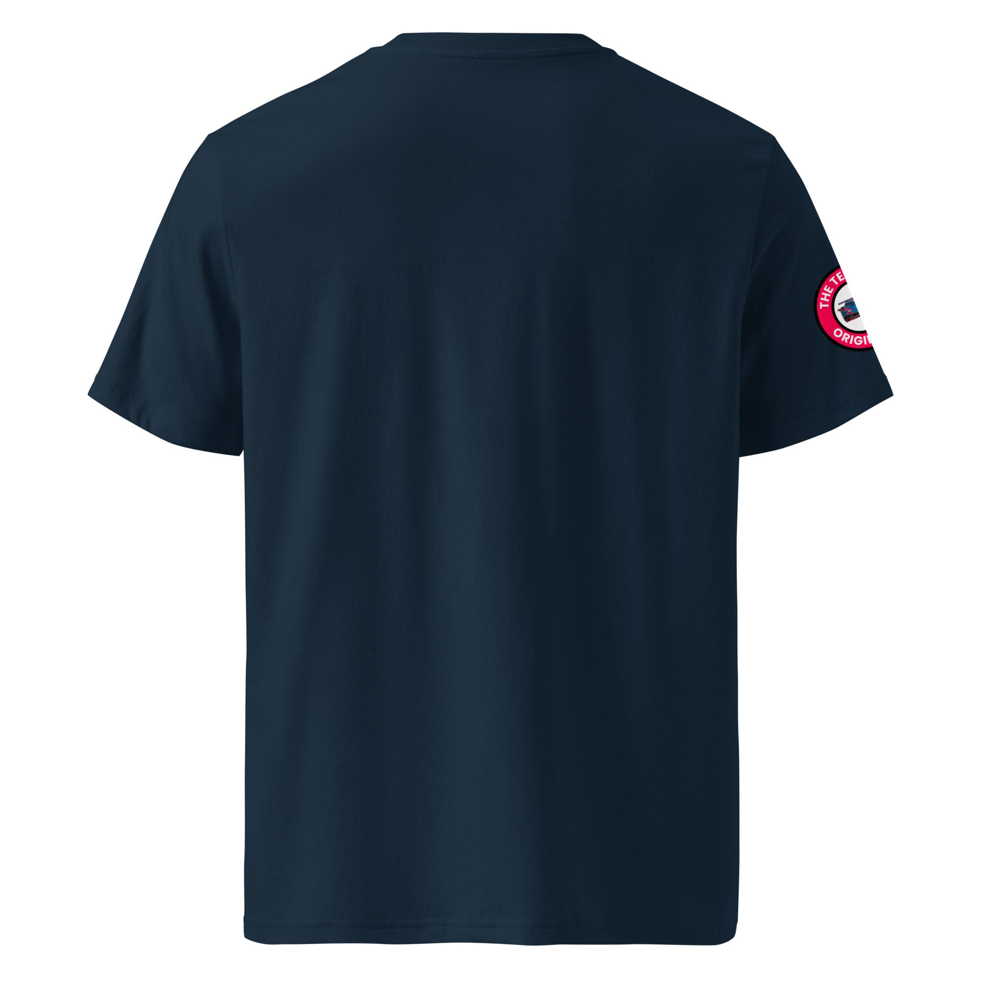 Back view of navy unisex t-shirt with plain design. No rear print, minimalist motorsport look. DTF print, premium cotton.