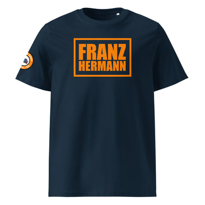 Front view of navy unisex t-shirt with bold orange “Franz Hermann” box logo printed on the chest. DTF print, Dutch-inspired for Max Verstappen and F1 fans. Clean, professional motorsport style.
