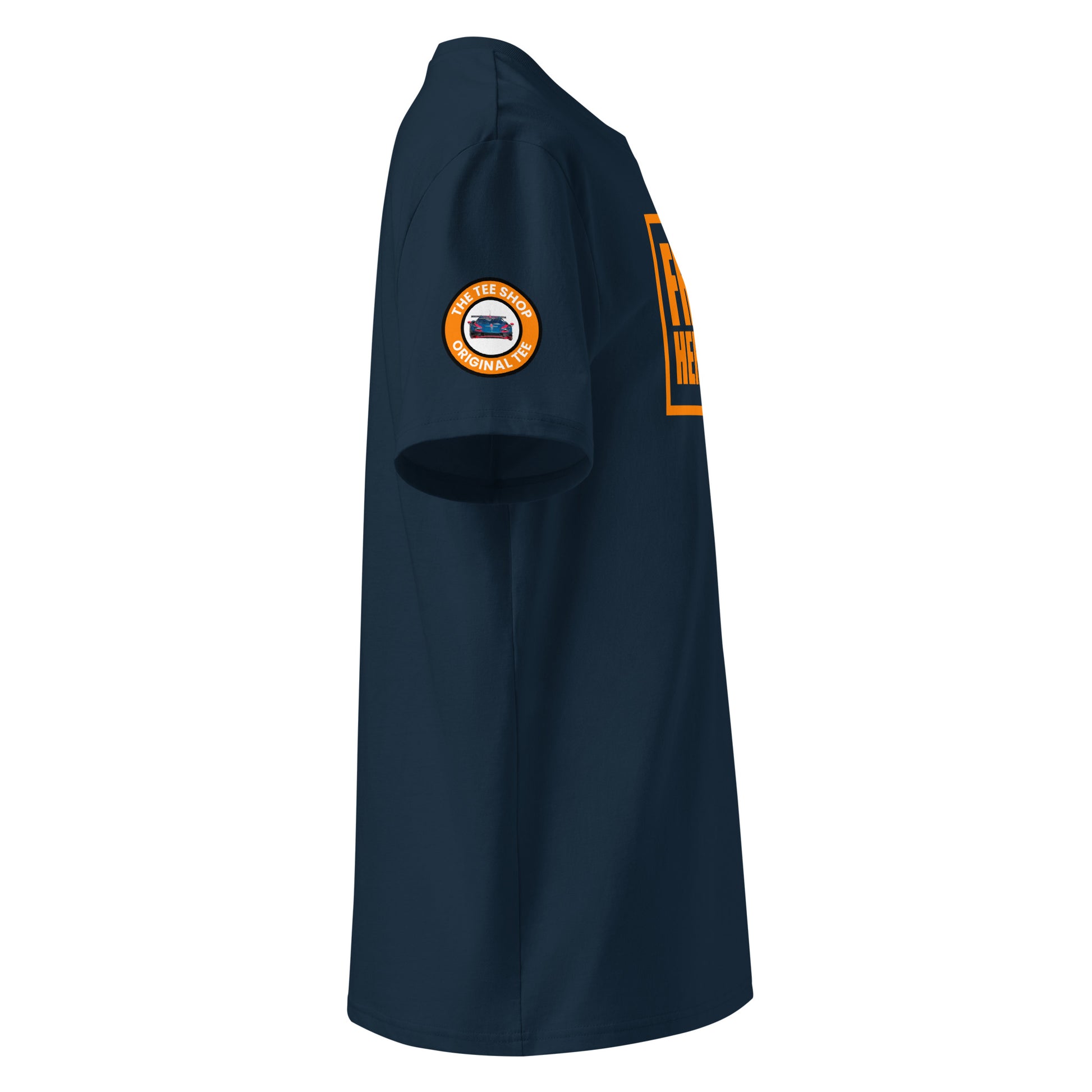 Right side view of navy t-shirt with The Tee Shop logo patch on the sleeve and edge of the orange Franz Hermann box logo. DTF print, Dutch-inspired F1 style.