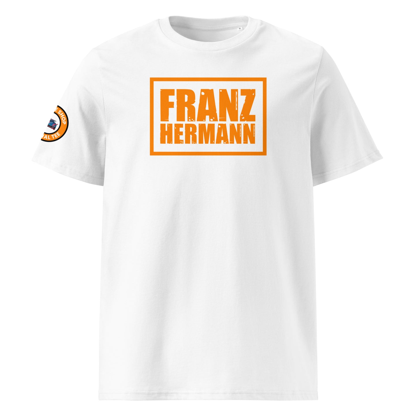 Front view of white unisex t-shirt with a bold, distressed orange “Franz Hermann” box logo printed on the chest. DTF print, Dutch-inspired, motorsport style for F1 fans.