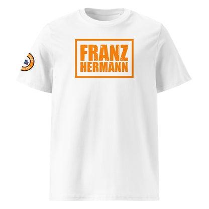 Front view of white unisex t-shirt with a bold, distressed orange “Franz Hermann” box logo printed on the chest. DTF print, Dutch-inspired, motorsport style for F1 fans.