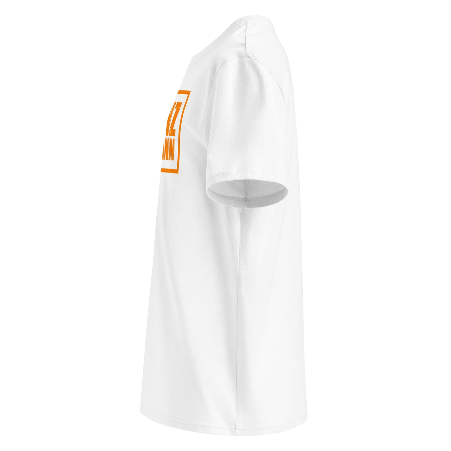 Left side view of white unisex t-shirt, plain sleeve, visible side of distressed orange Franz Hermann box logo. Minimalist, motorsport style.