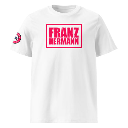 Front view of white unisex t-shirt with bold, distressed Red Bull Racing pink “Franz Hermann” box logo printed on the chest. DTF print, Verstappen and F1 inspired, modern motorsport style.