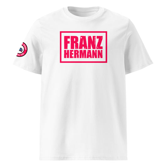 Front view of white unisex t-shirt with bold, distressed Red Bull Racing pink “Franz Hermann” box logo printed on the chest. DTF print, Verstappen and F1 inspired, modern motorsport style.