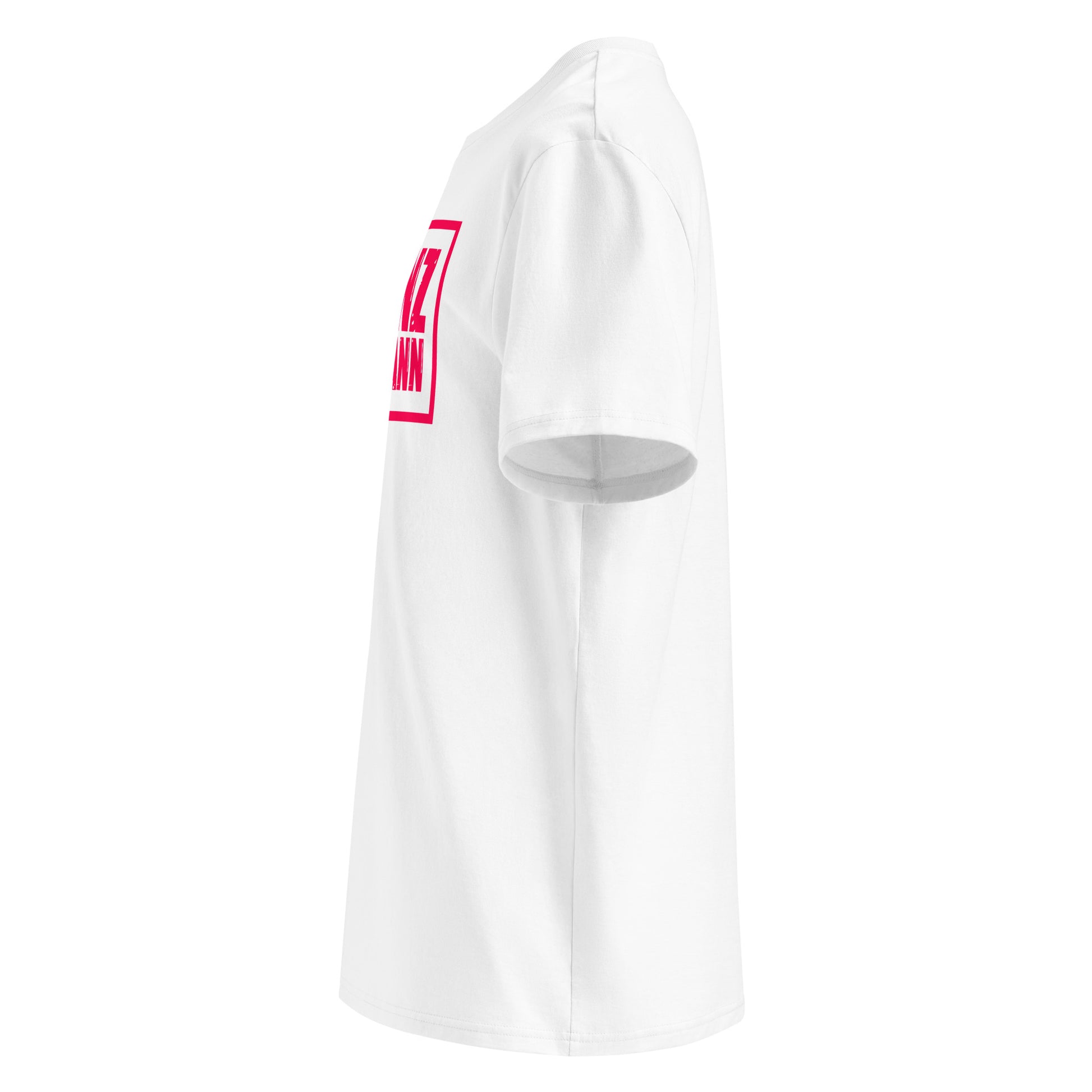 Left side view of white unisex t-shirt, plain sleeve, visible side of distressed Red Bull Racing pink Franz Hermann box logo. Minimalist, F1 fan style.