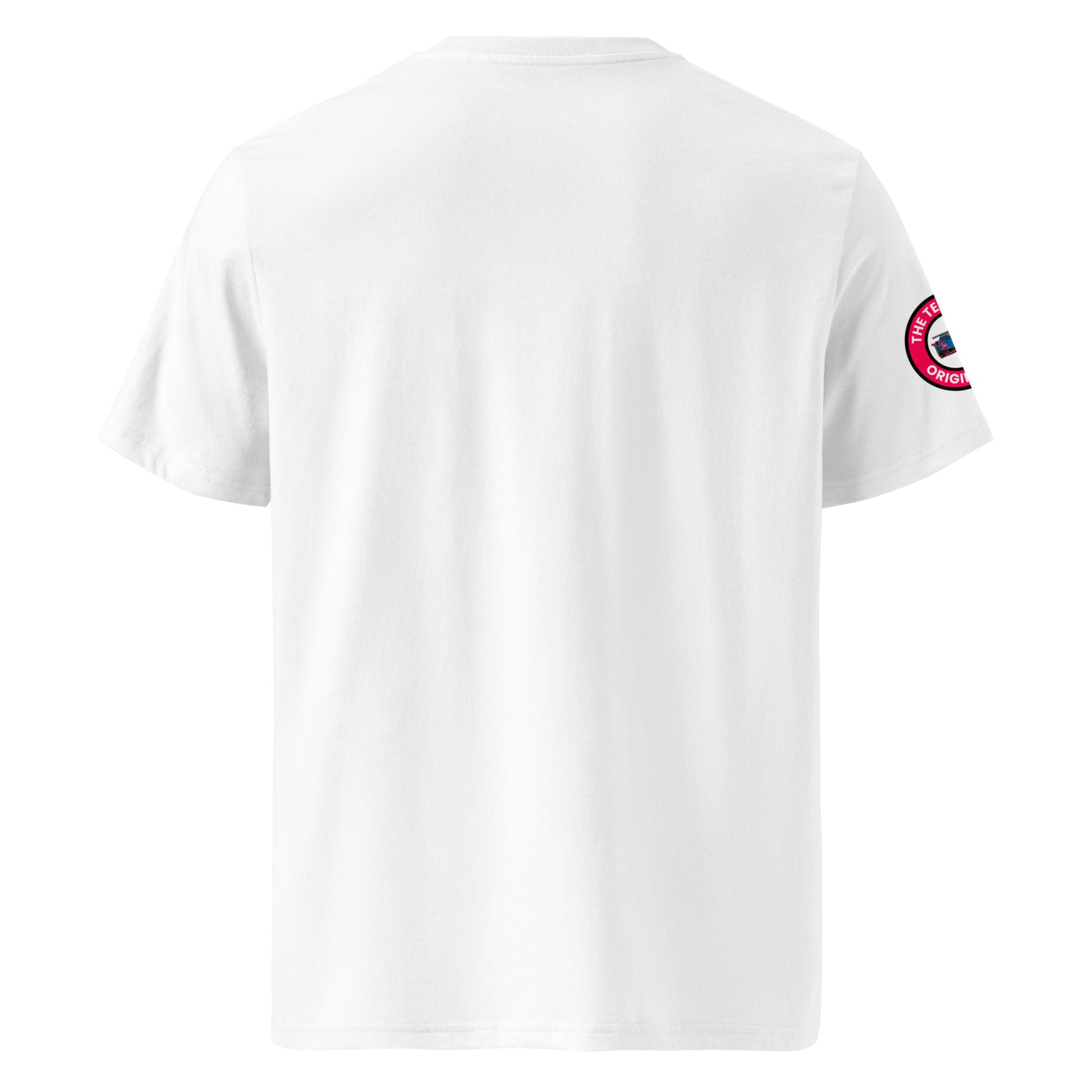 Back view of white unisex t-shirt with plain design. No rear print, minimalist motorsport look. DTF print, premium cotton.