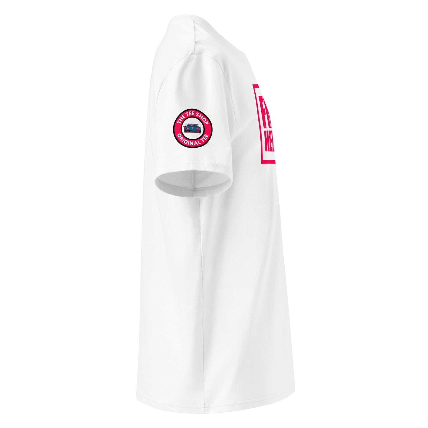 Right side view of white t-shirt with The Tee Shop logo patch on the sleeve and edge of the distressed Red Bull Racing pink Franz Hermann box logo. DTF print, F1 style.