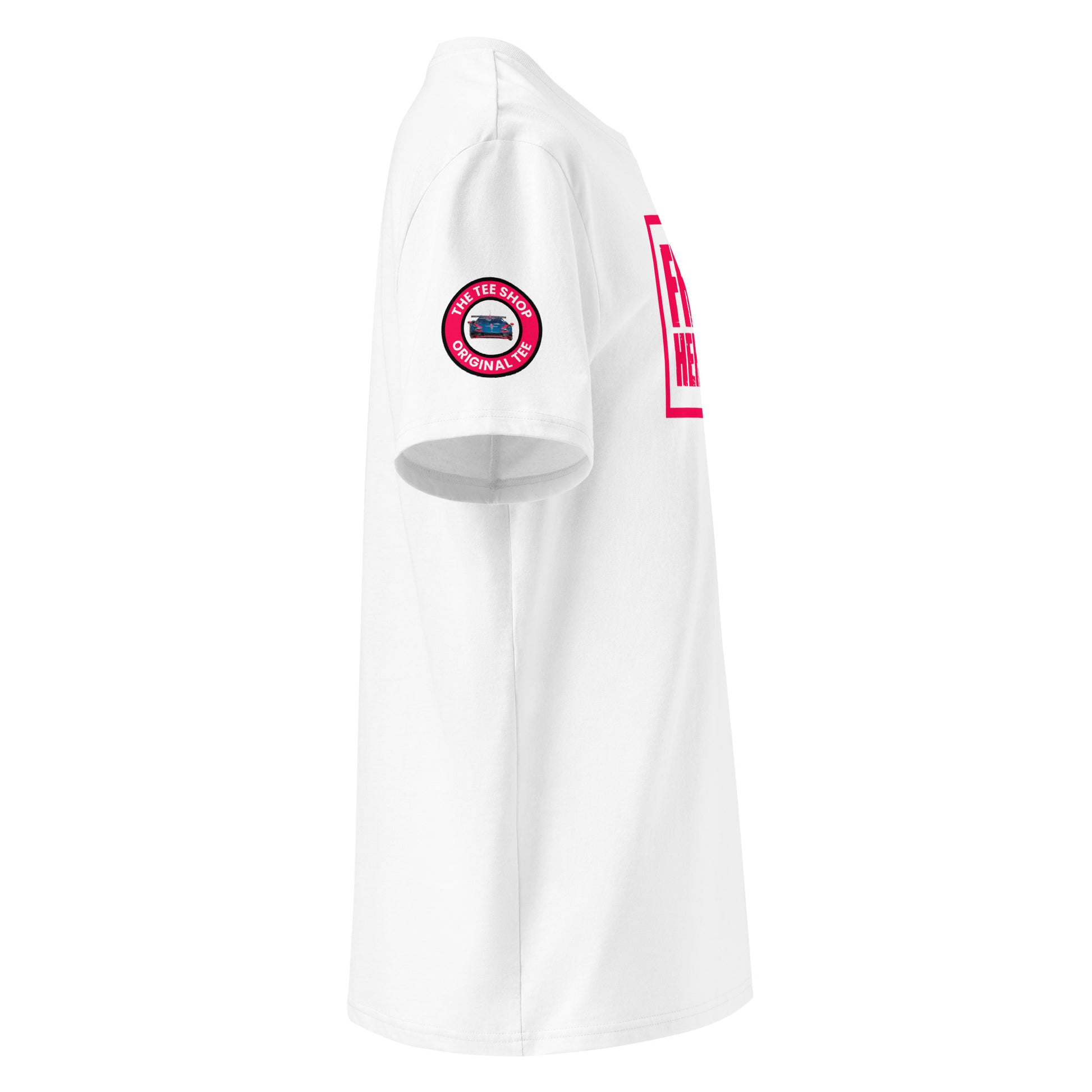 Right side view of white t-shirt with The Tee Shop logo patch on the sleeve and edge of the distressed Red Bull Racing pink Franz Hermann box logo. DTF print, F1 style.