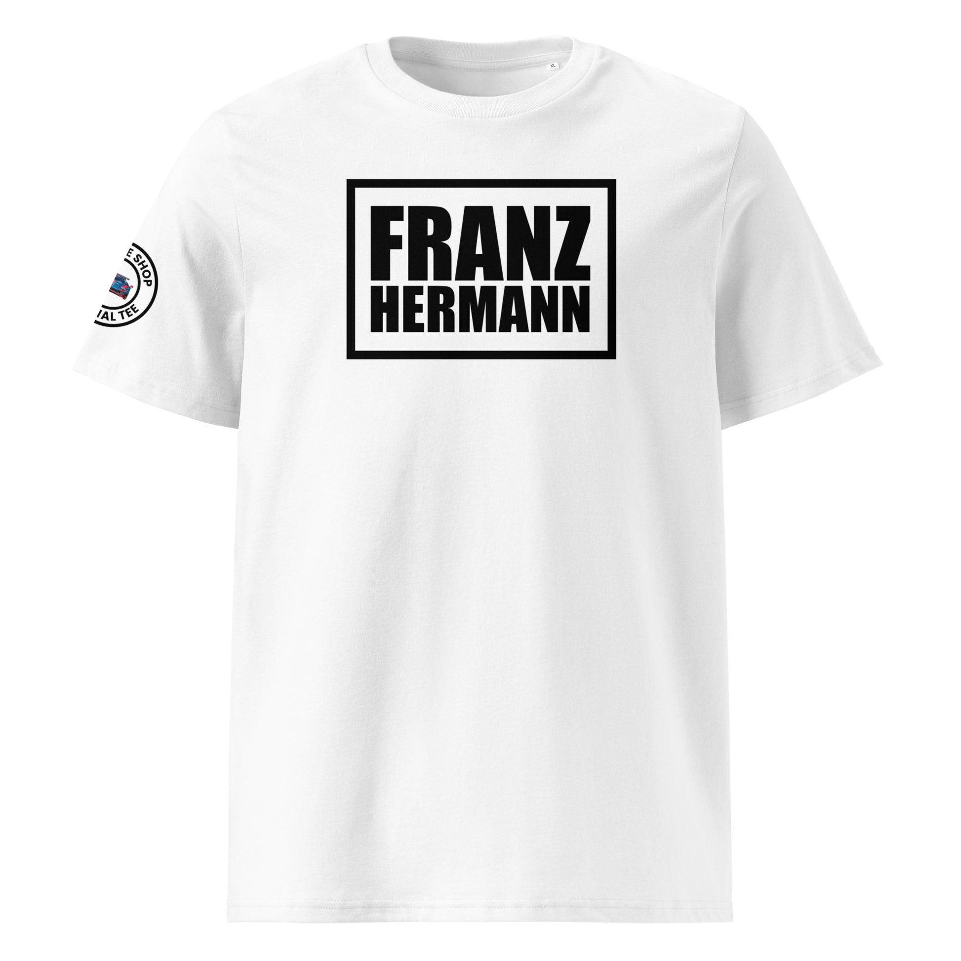Front view of white unisex t-shirt with bold black “Franz Hermann” box logo printed on the chest. DTF print, inspired by Max Verstappen’s Nürburgring GT3 radio moment. Clean, professional motorsport style.