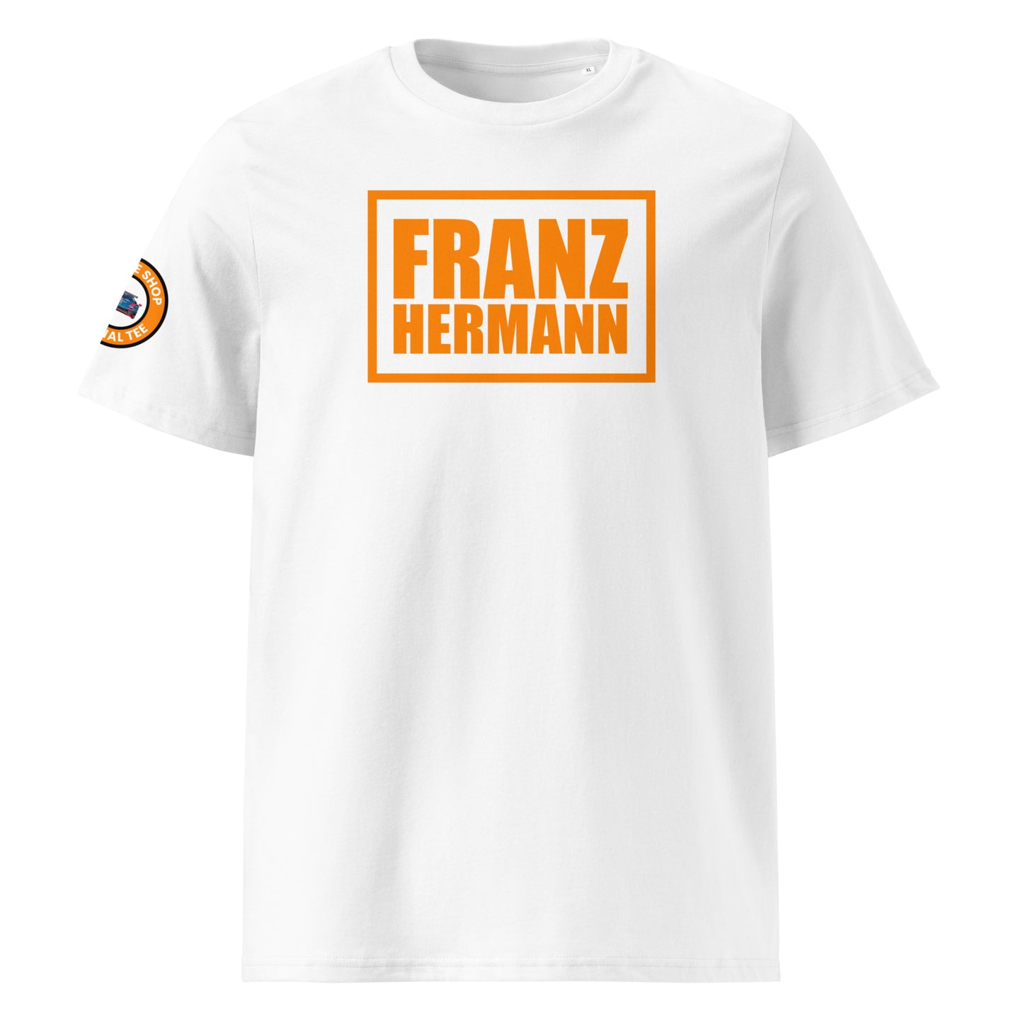 Front view of white unisex t-shirt with bold orange “Franz Hermann” box logo printed on the chest. DTF print, Dutch-inspired for Max Verstappen and F1 fans. Clean, professional motorsport style.