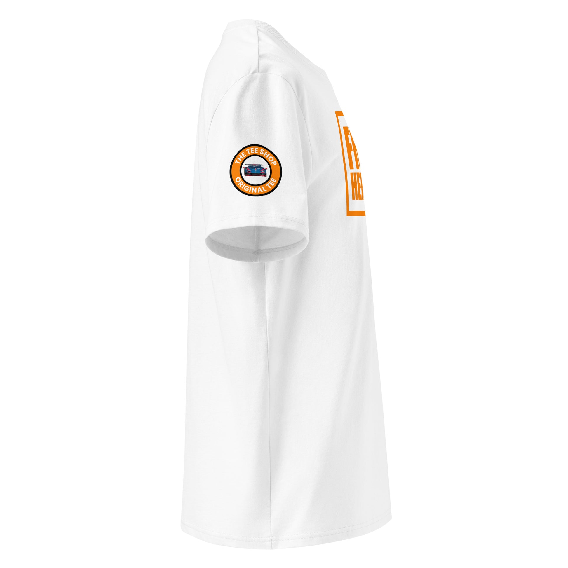 Right side view of white t-shirt with The Tee Shop logo patch on the sleeve and edge of the orange Franz Hermann box logo. DTF print, Dutch-inspired F1 style.F print, Dutch-inspired F1 style.