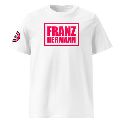 Front view of white unisex t-shirt with bold Red Bull Racing pink “Franz Hermann” box logo printed on the chest. DTF print, inspired by Verstappen’s Nürburgring GT3 radio call. Clean, F1 fan style.