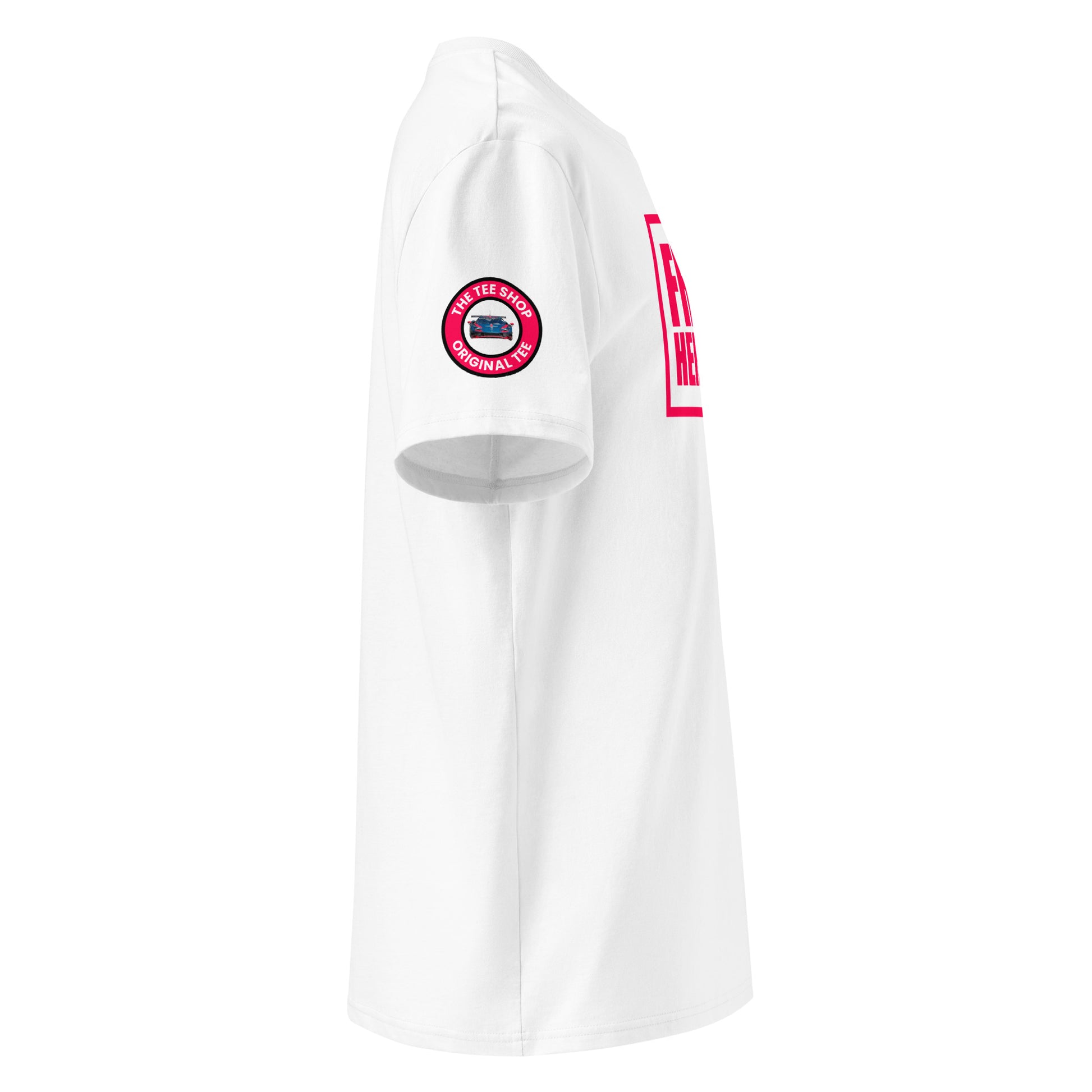 Right side view of white t-shirt with The Tee Shop logo patch on the sleeve and edge of the Red Bull Racing pink Franz Hermann box logo. DTF print, F1-inspired style.