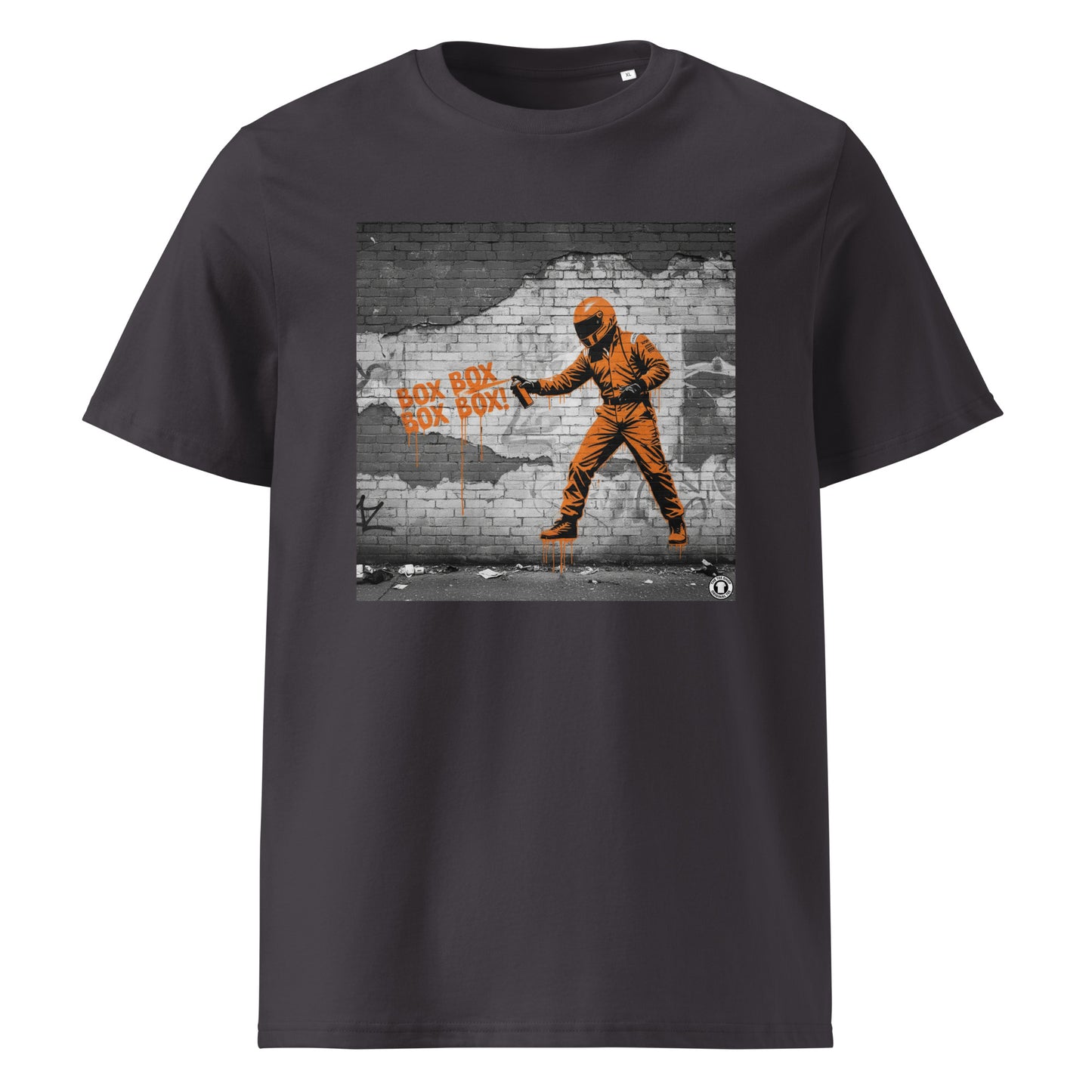 Anthracite organic cotton F1 t-shirt with BOX BOX graffiti art of an F1 car on a brick wall, showcasing bold papaya orange and black design by TheTeeShop.