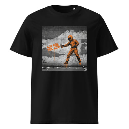 Black organic cotton F1 t-shirt with BOX BOX graffiti art of an F1 car on a brick wall, showcasing bold papaya orange and black design by TheTeeShop.