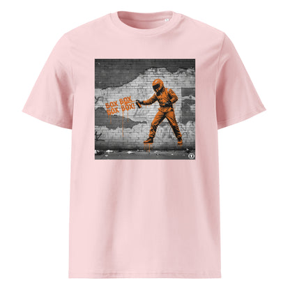 Cotton Pink organic cotton F1 t-shirt with BOX BOX graffiti art of an F1 car on a brick wall, showcasing bold papaya orange and black design by TheTeeShop.