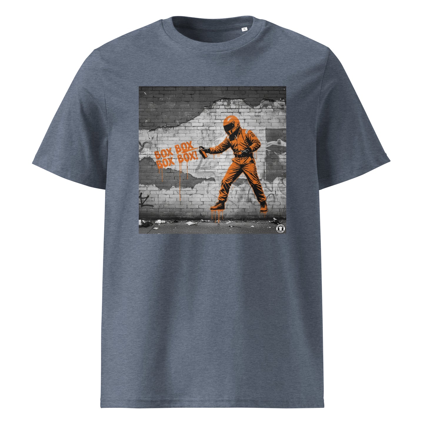 Dark Heather Blue organic cotton F1 t-shirt with BOX BOX graffiti art of an F1 car on a brick wall, showcasing bold papaya orange and black design by TheTeeShop.