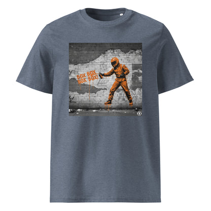 Dark Heather Blue organic cotton F1 t-shirt with BOX BOX graffiti art of an F1 car on a brick wall, showcasing bold papaya orange and black design by TheTeeShop.