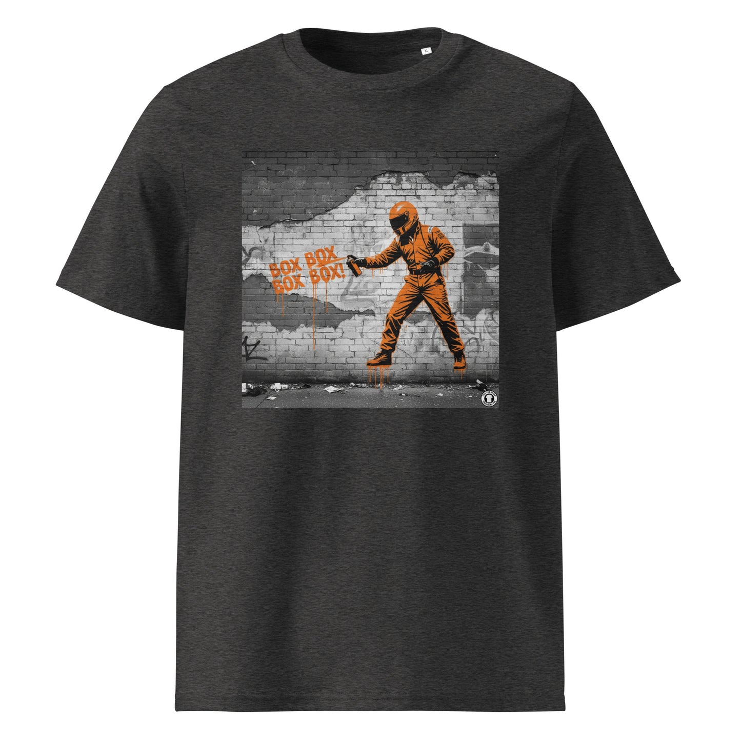 Dark Heather Grey organic cotton F1 t-shirt with BOX BOX graffiti art of an F1 car on a brick wall, showcasing bold papaya orange and black design by TheTeeShop.